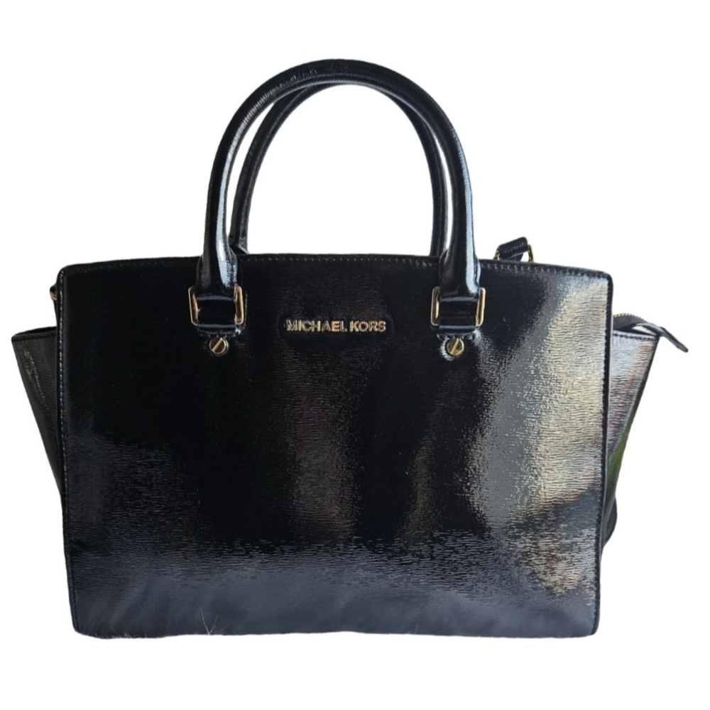 Michael Kors Glossy Black Saffiano Leather Selma Large Satchel Bag